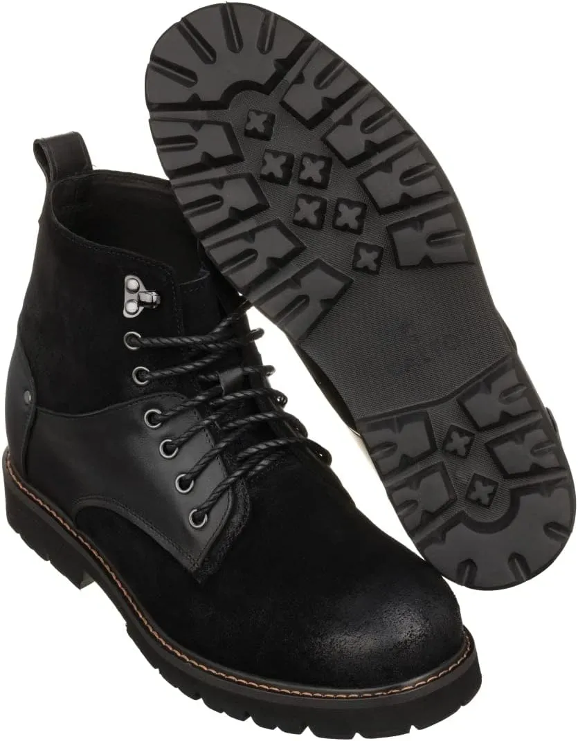 CALTO Men's Invisible Height Increasing Elevator Shoes - Black Nubuck Distressed Leather Round-Toe Lace-up Ankle Boots - 3.3 Inches Taller - K8701 - Size 9 D(M) US