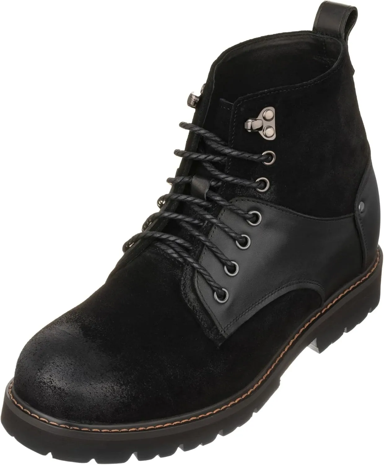 CALTO Men's Invisible Height Increasing Elevator Shoes - Black Nubuck Distressed Leather Round-Toe Lace-up Ankle Boots - 3.3 Inches Taller - K8701 - Size 9 D(M) US