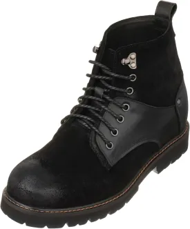 CALTO Men's Invisible Height Increasing Elevator Shoes - Black Nubuck Distressed Leather Round-Toe Lace-up Ankle Boots - 3.3 Inches Taller - K8701 - Size 9 D(M) US