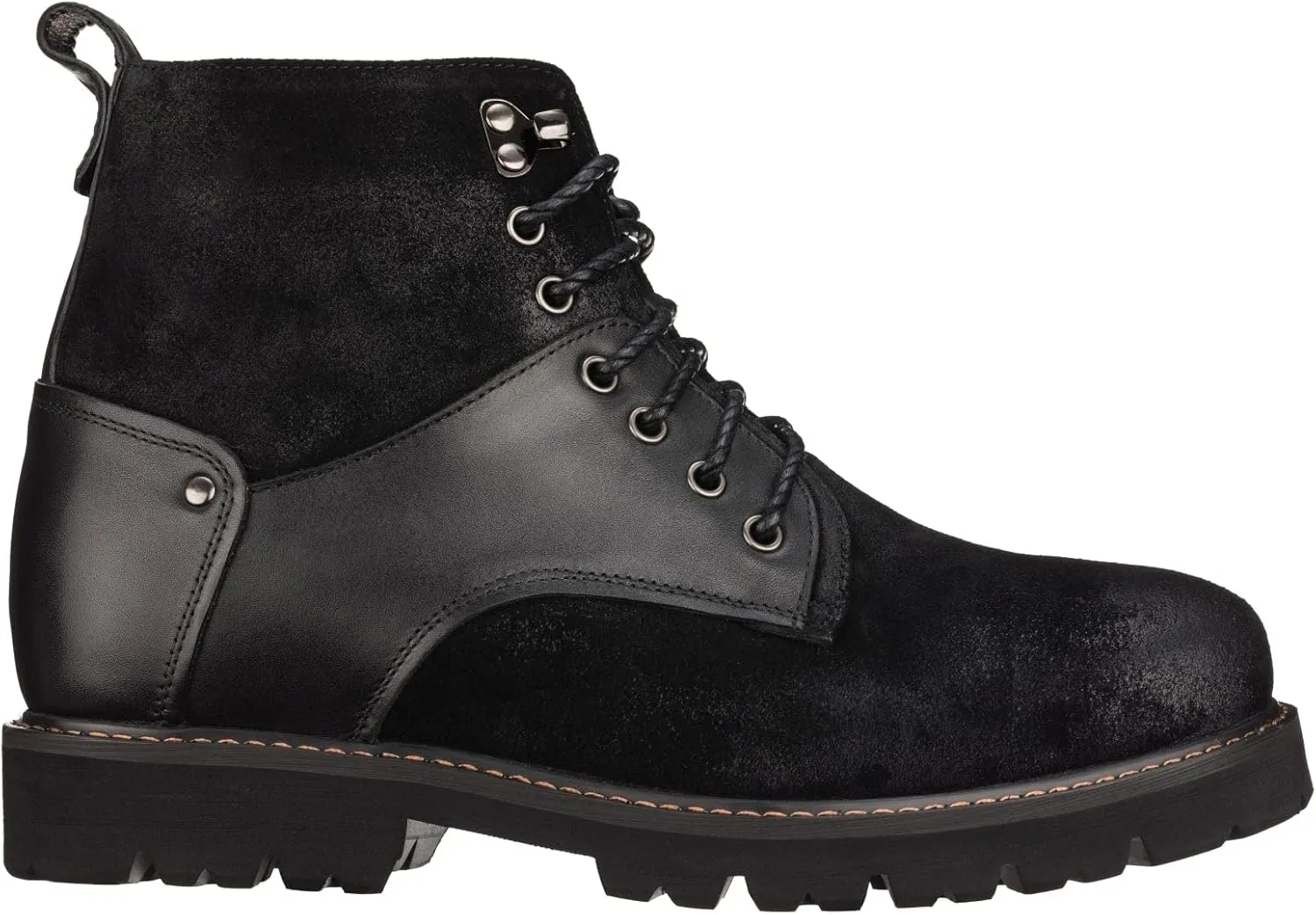 CALTO Men's Invisible Height Increasing Elevator Shoes - Black Nubuck Distressed Leather Round-Toe Lace-up Ankle Boots - 3.3 Inches Taller - K8701 - Size 9 D(M) US
