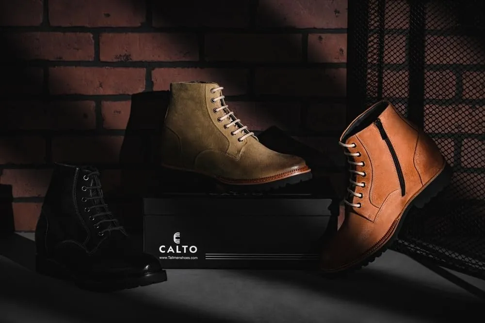 CALTO Men's Invisible Height Increasing Elevator Shoes - Black Nubuck Leather Lace-up/Zip-up Casual Boots - 3.0 Inches Taller - K24401 - Size 9 D(M) US