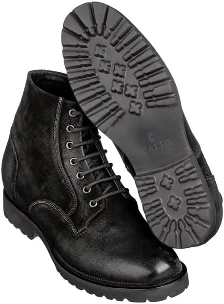 CALTO Men's Invisible Height Increasing Elevator Shoes - Black Nubuck Leather Lace-up/Zip-up Casual Boots - 3.0 Inches Taller - K24401 - Size 9 D(M) US