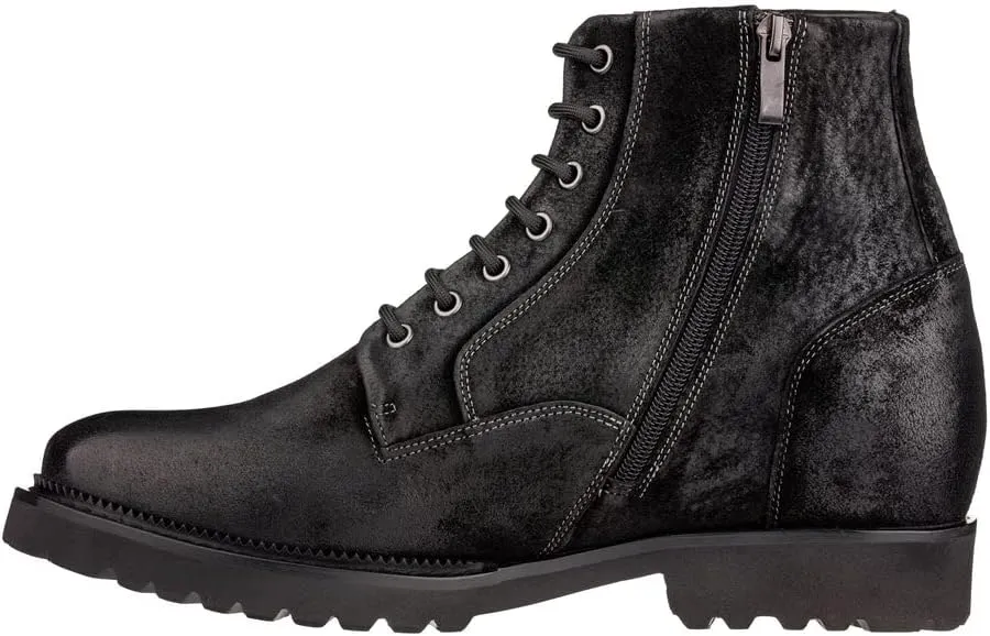 CALTO Men's Invisible Height Increasing Elevator Shoes - Black Nubuck Leather Lace-up/Zip-up Casual Boots - 3.0 Inches Taller - K24401 - Size 9 D(M) US