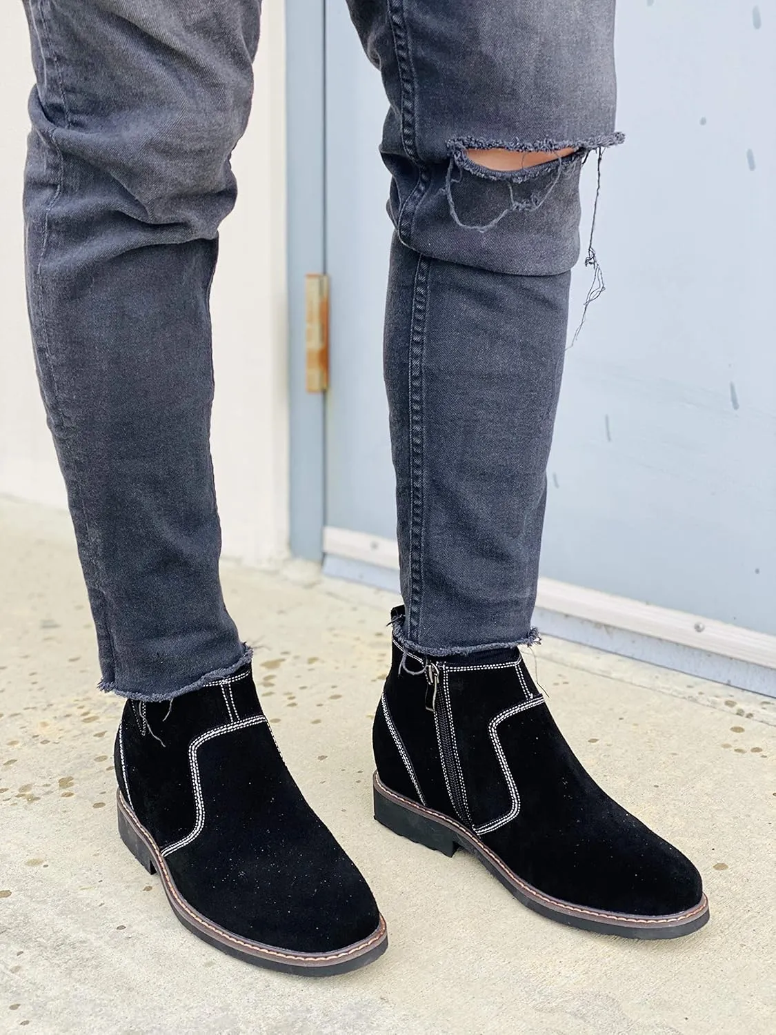 CALTO Men's Invisible Height Increasing Elevator Shoes - Black Nubuck Leather Mid-top Casual Zipper Boots - 3.2 Inches Taller - Y41082 - Size 9 D(M) US