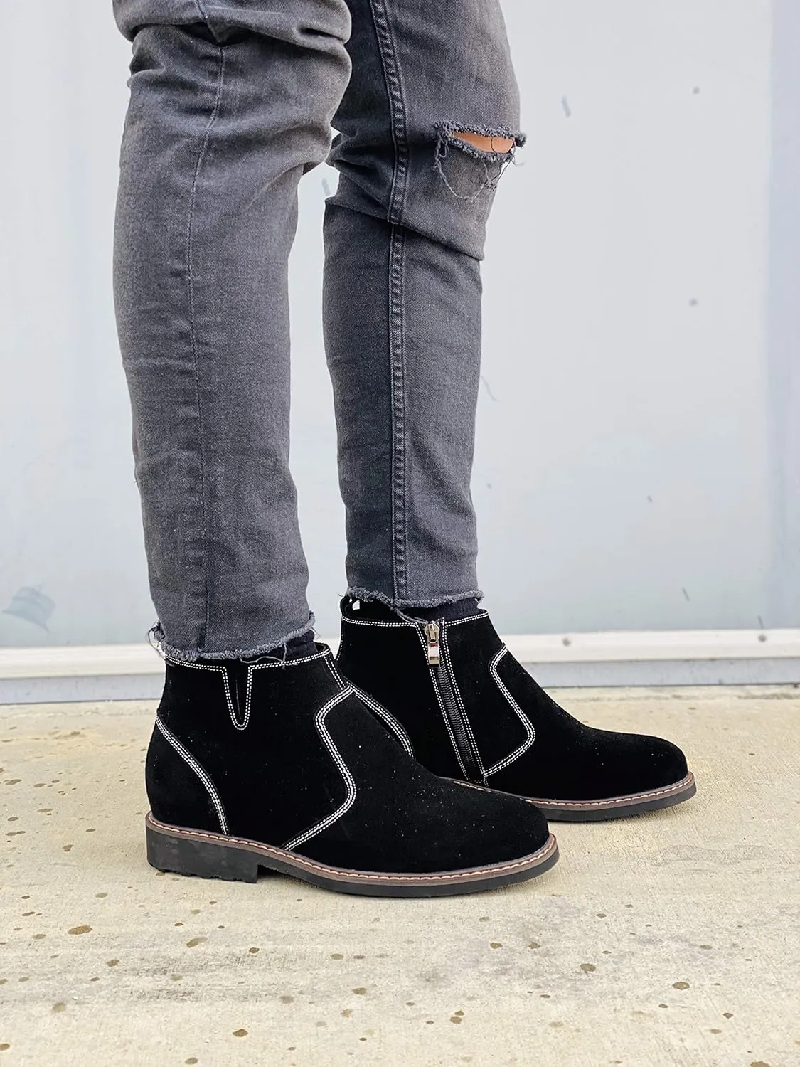 CALTO Men's Invisible Height Increasing Elevator Shoes - Black Nubuck Leather Mid-top Casual Zipper Boots - 3.2 Inches Taller - Y41082 - Size 9 D(M) US