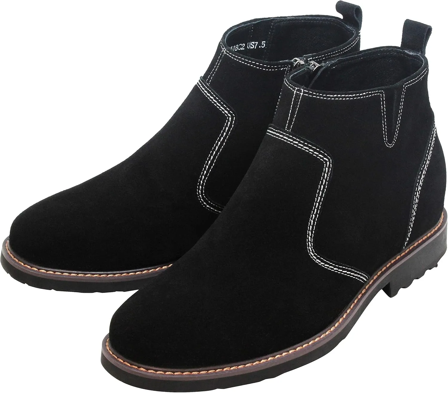 CALTO Men's Invisible Height Increasing Elevator Shoes - Black Nubuck Leather Mid-top Casual Zipper Boots - 3.2 Inches Taller - Y41082 - Size 9 D(M) US