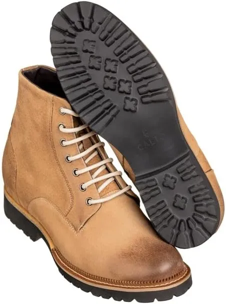 CALTO Men's Invisible Height Increasing Elevator Shoes - Brown Nubuck Leather Lace-up/Zip-up Casual Boots - 3.0 Inches Taller - K24403 - Size 9 D(M) US