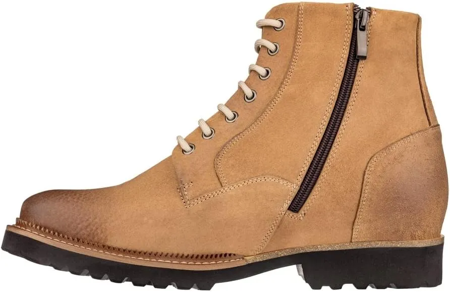 CALTO Men's Invisible Height Increasing Elevator Shoes - Brown Nubuck Leather Lace-up/Zip-up Casual Boots - 3.0 Inches Taller - K24403 - Size 9 D(M) US