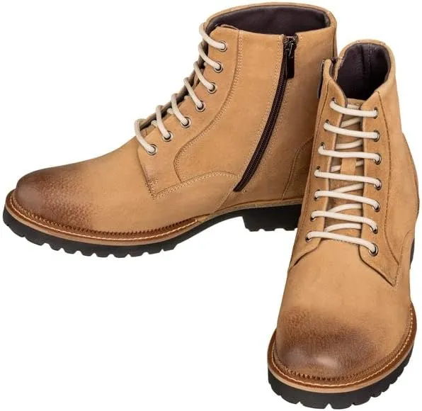 CALTO Men's Invisible Height Increasing Elevator Shoes - Brown Nubuck Leather Lace-up/Zip-up Casual Boots - 3.0 Inches Taller - K24403 - Size 9 D(M) US