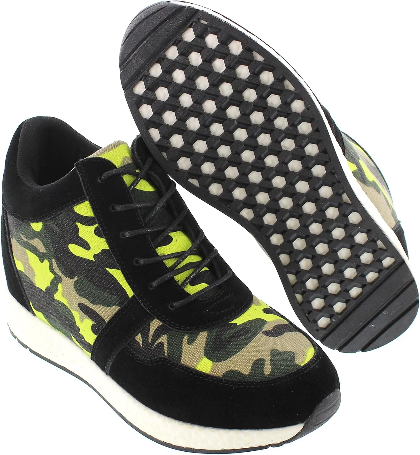 CALTO Men's Invisible Height Increasing Elevator Shoes - Camo Black/Yellow Canvas Lightweight Lace-up Casual Trainers Sneakers - 3.2 Inches Taller - H2244 - Size 9 D(M) US
