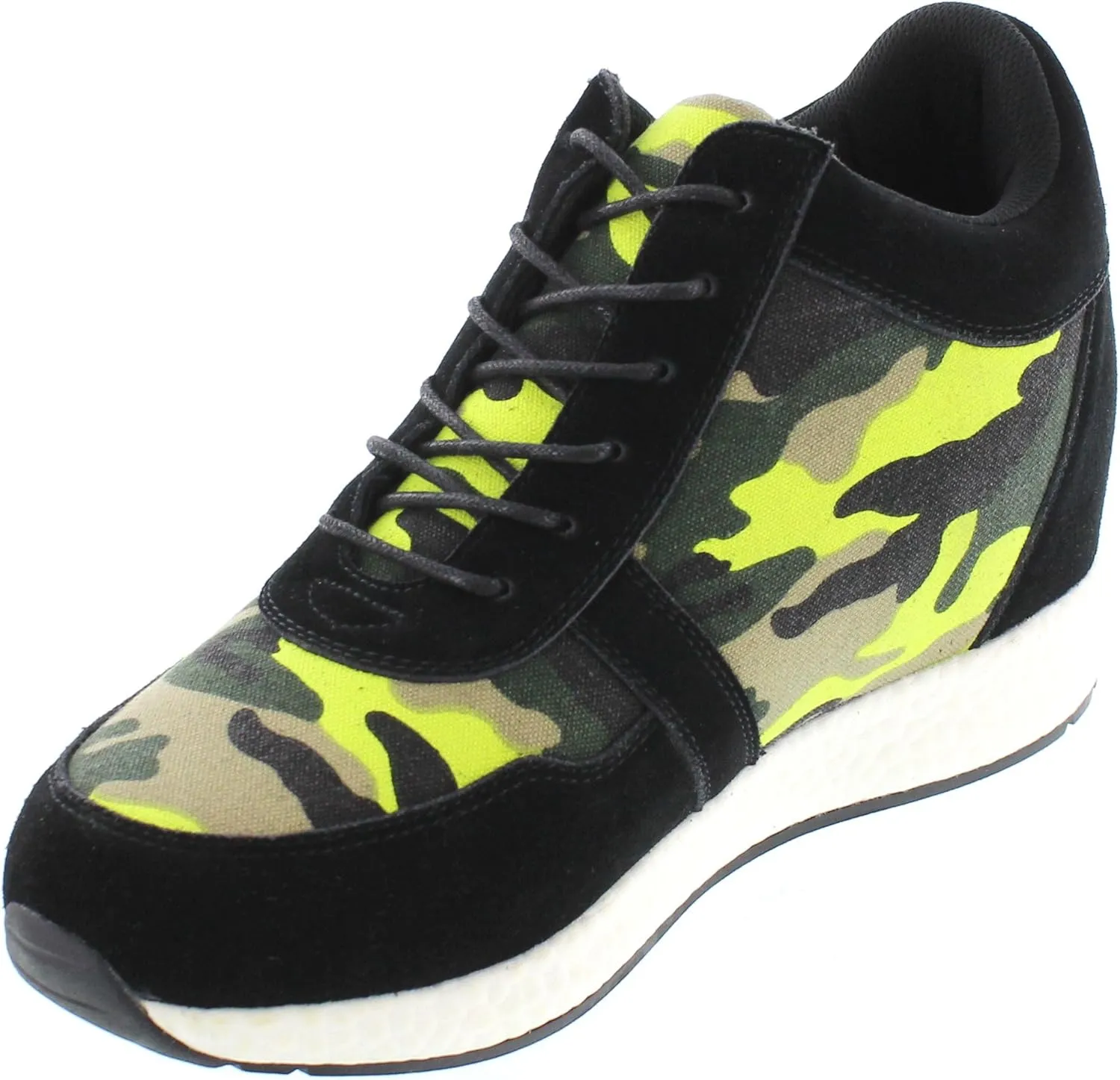CALTO Men's Invisible Height Increasing Elevator Shoes - Camo Black/Yellow Canvas Lightweight Lace-up Casual Trainers Sneakers - 3.2 Inches Taller - H2244 - Size 9 D(M) US