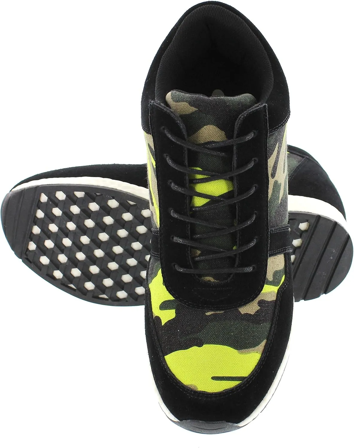 CALTO Men's Invisible Height Increasing Elevator Shoes - Camo Black/Yellow Canvas Lightweight Lace-up Casual Trainers Sneakers - 3.2 Inches Taller - H2244 - Size 9 D(M) US