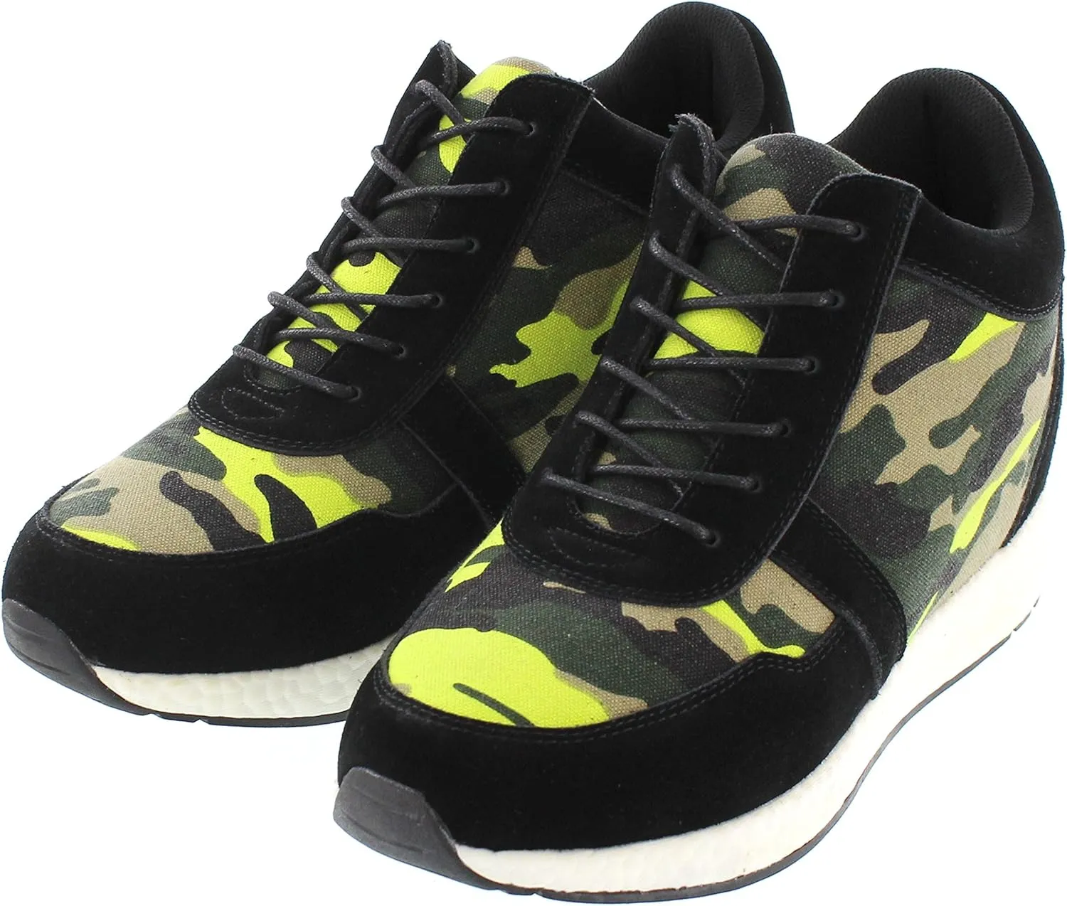 CALTO Men's Invisible Height Increasing Elevator Shoes - Camo Black/Yellow Canvas Lightweight Lace-up Casual Trainers Sneakers - 3.2 Inches Taller - H2244 - Size 9 D(M) US