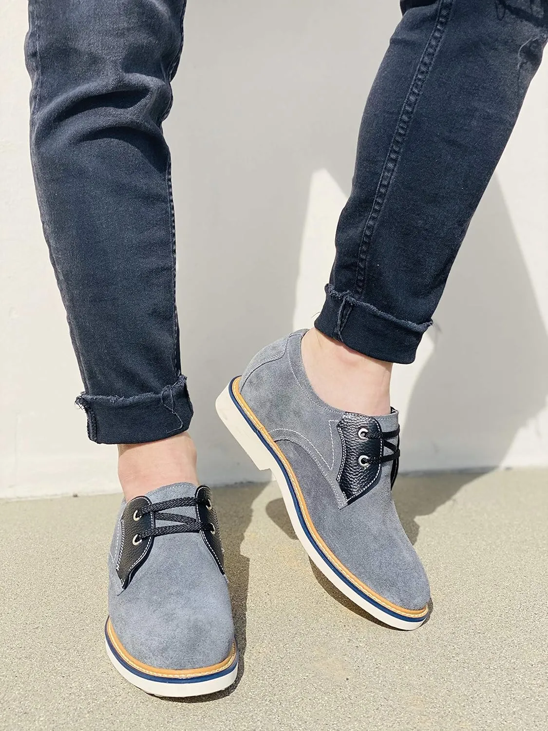 CALTO Men's Invisible Height Increasing Elevator Shoes - Grey/Black Nubuck Leather Lace-up Casual Oxfords - 2.8 Inches Taller - Y42023 - Size 8 D(M) US
