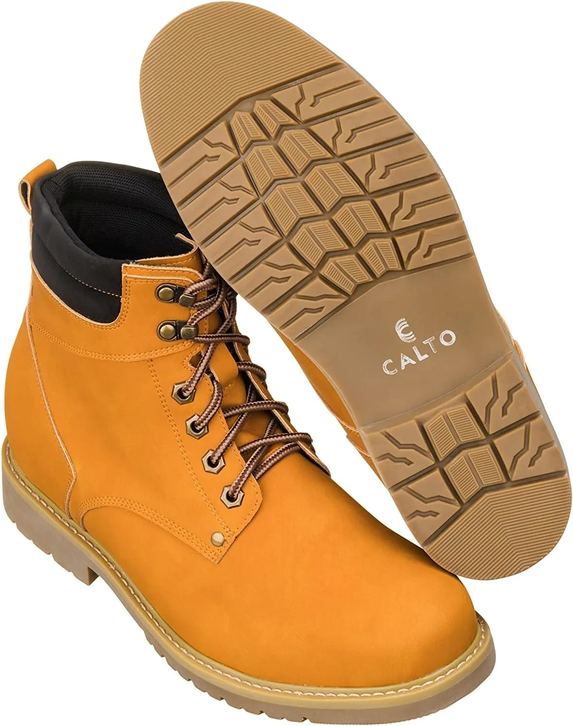 CALTO Men's Invisible Height Increasing Elevator Shoes - Nubuck Brown Leather Lace-up Round-Toe Work Boots - 3.2 Inches Taller - K8821 - Size 9 D(M) US