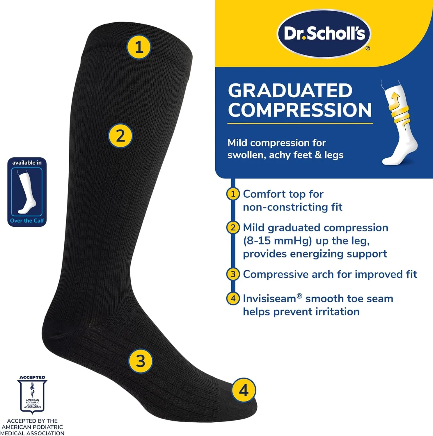 Dr. Scholl's Men's Graduated Compression Over the Calf Socks - 2 & 3 Pair Packs - Energizing Comfort and Fatigue Relief