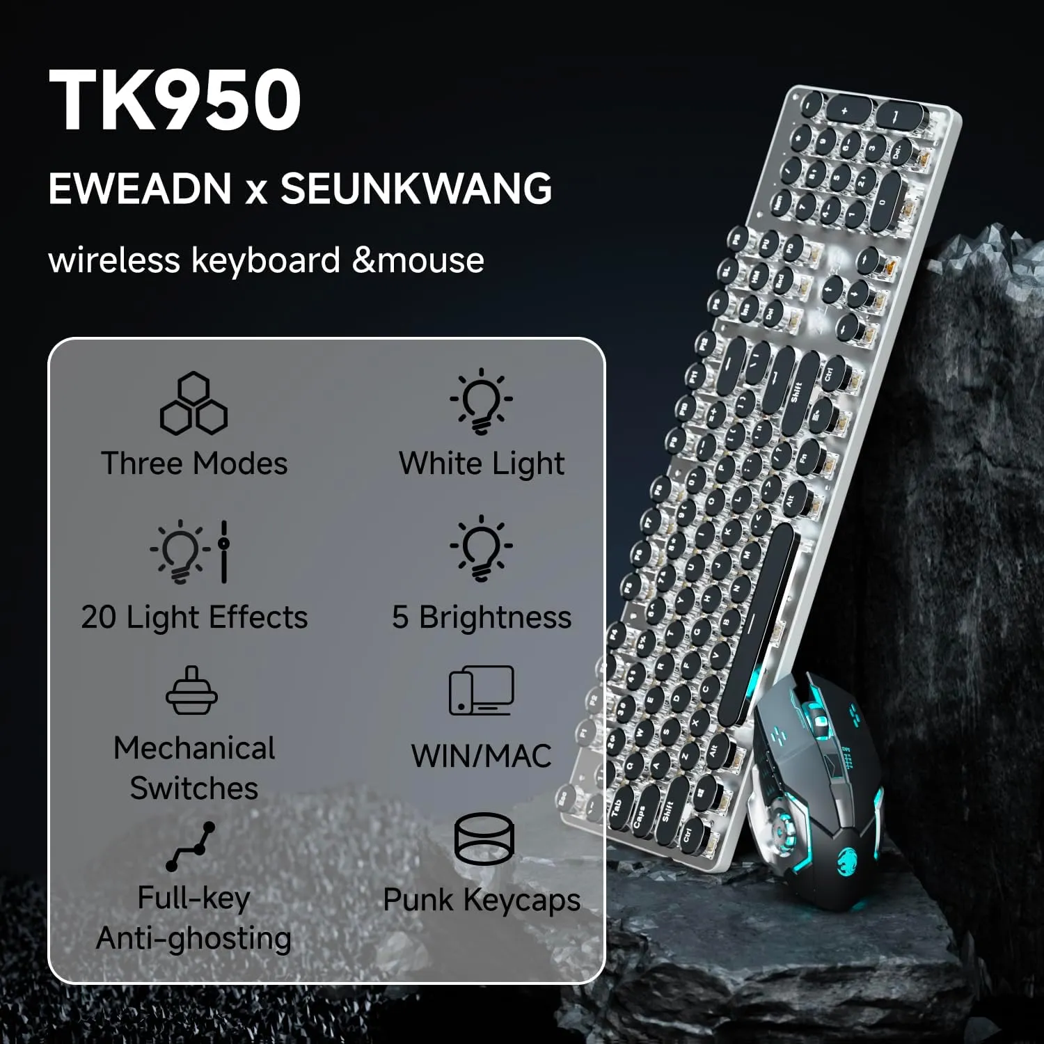 EWEADN TK950 Typewriter Mechanical Keyboard and Mouse, 104 Keys Aesthetic Typewriter Keyboard Mouse Combo with White Backlit, Anti-Ghosting, Black Switch Bluetooth/2.4GHz/Wired Cute Keyboards-Black
