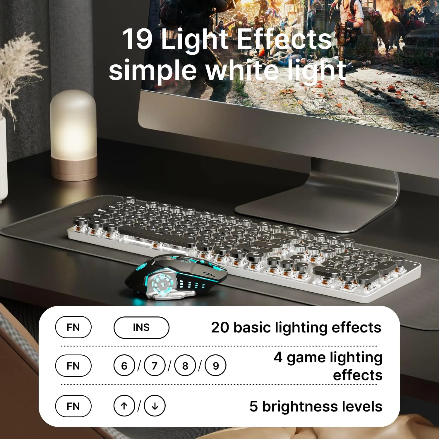 EWEADN TK950 Typewriter Mechanical Keyboard and Mouse, 104 Keys Aesthetic Typewriter Keyboard Mouse Combo with White Backlit, Anti-Ghosting, Black Switch Bluetooth/2.4GHz/Wired Cute Keyboards-Black