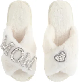 Gifts for Mom from Daughter Son Cozy Fuzzy House Slippers with Heart Pearls for Women Mothers Day Gifts