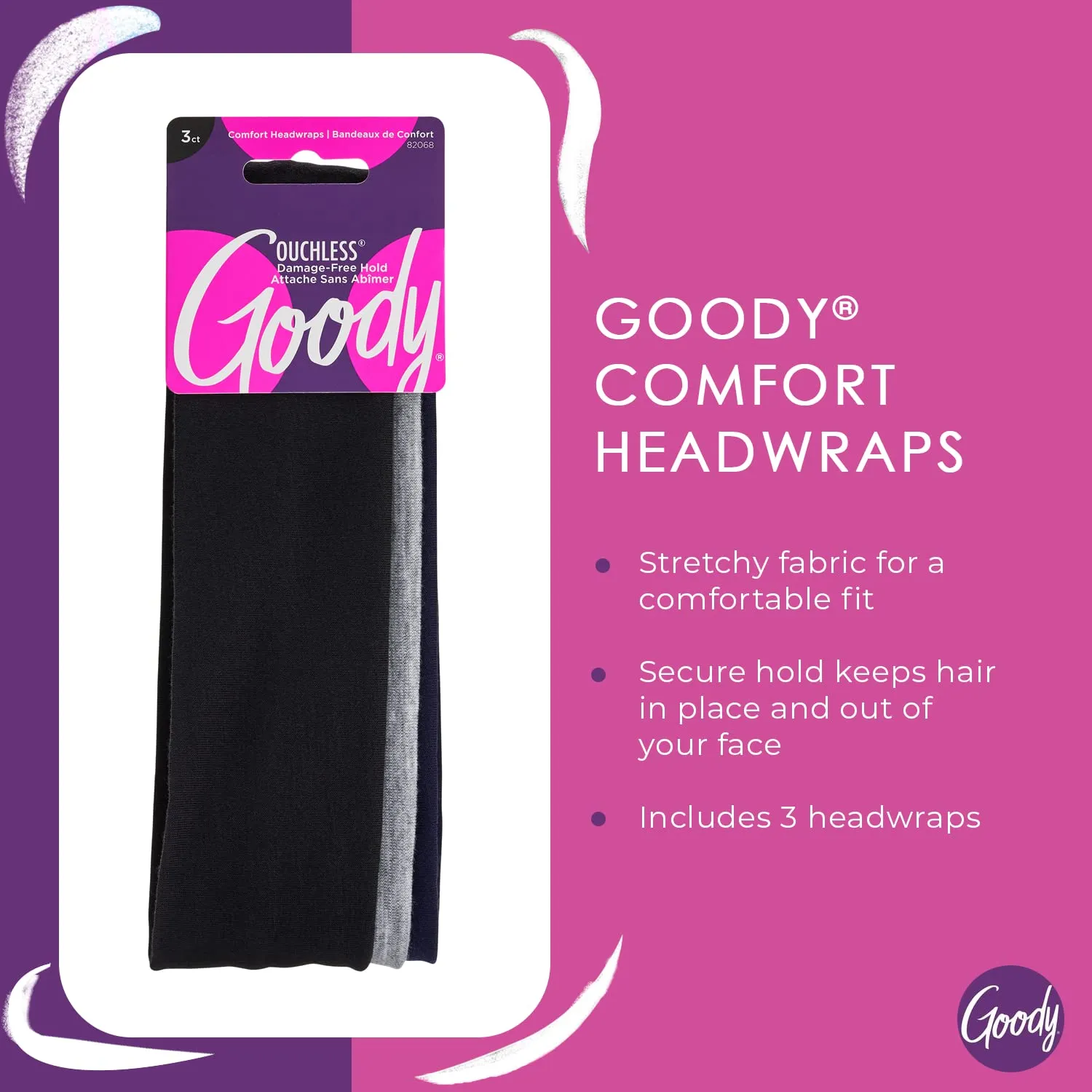 Goody Ouchless Comfort Head Wraps - 3 Ct, Black/Grey/Navy Blue, Soft & Stretchy Fabric Headbands for Women & Men, Secure Hold Yoga, Workout Headband, Versatile Hair Accessories for All-Day Wear