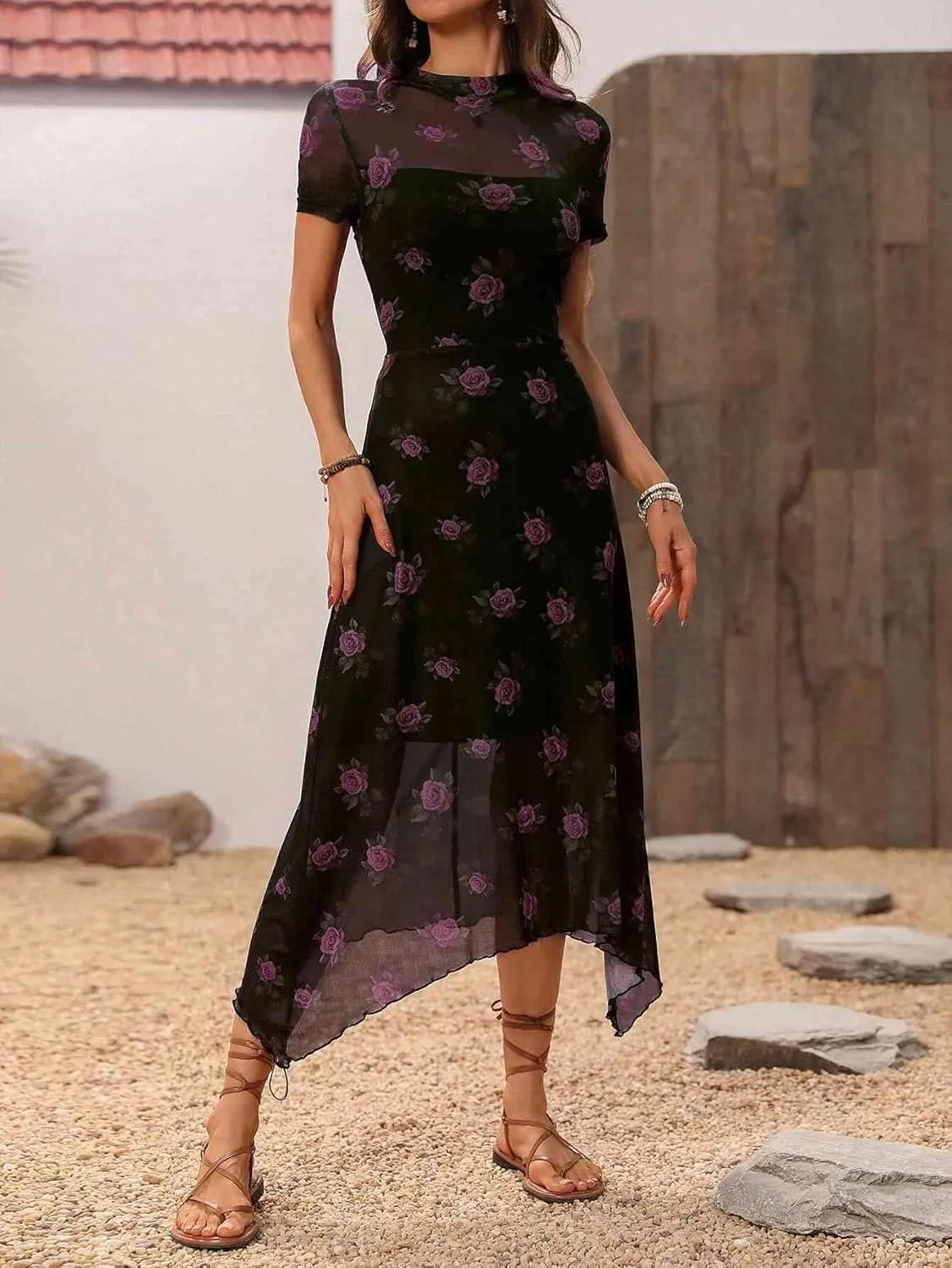 GothDark Women's 2025 Summer Floral Print Vintage Goth Dress Mesh Spliced Double-Layered Irregular Hemline Midi Dress