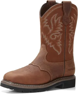 HISEA NINGO Men's Western Cowboy Boots Waterproof Square Toe Steel/Soft Toe Work Boots Men's Slip On Pull On Safety Toe Leather Work Boots for Construction Farming