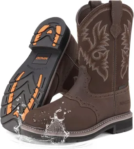 HISEA NINGO Men's Western Cowboy Boots Waterproof Square Toe Steel/Soft Toe Work Boots Men's Slip On Pull On Safety Toe Leather Work Boots for Construction Farming
