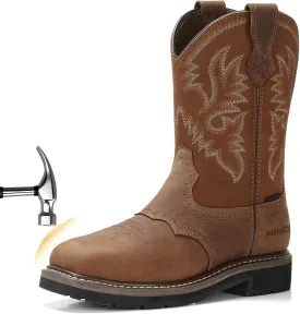 HISEA NINGO Men's Western Cowboy Boots Waterproof Square Toe Steel/Soft Toe Work Boots Men's Slip On Pull On Safety Toe Leather Work Boots for Construction Farming