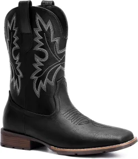 Lumeheel Cowboy Boots for Men - Western Men's Boots with Classic Embroidered, Slip on Square Toe Boots, Slip Resistant Country Boots Chunky Heel Ankle, Durable Short Boots for Spring Fall
