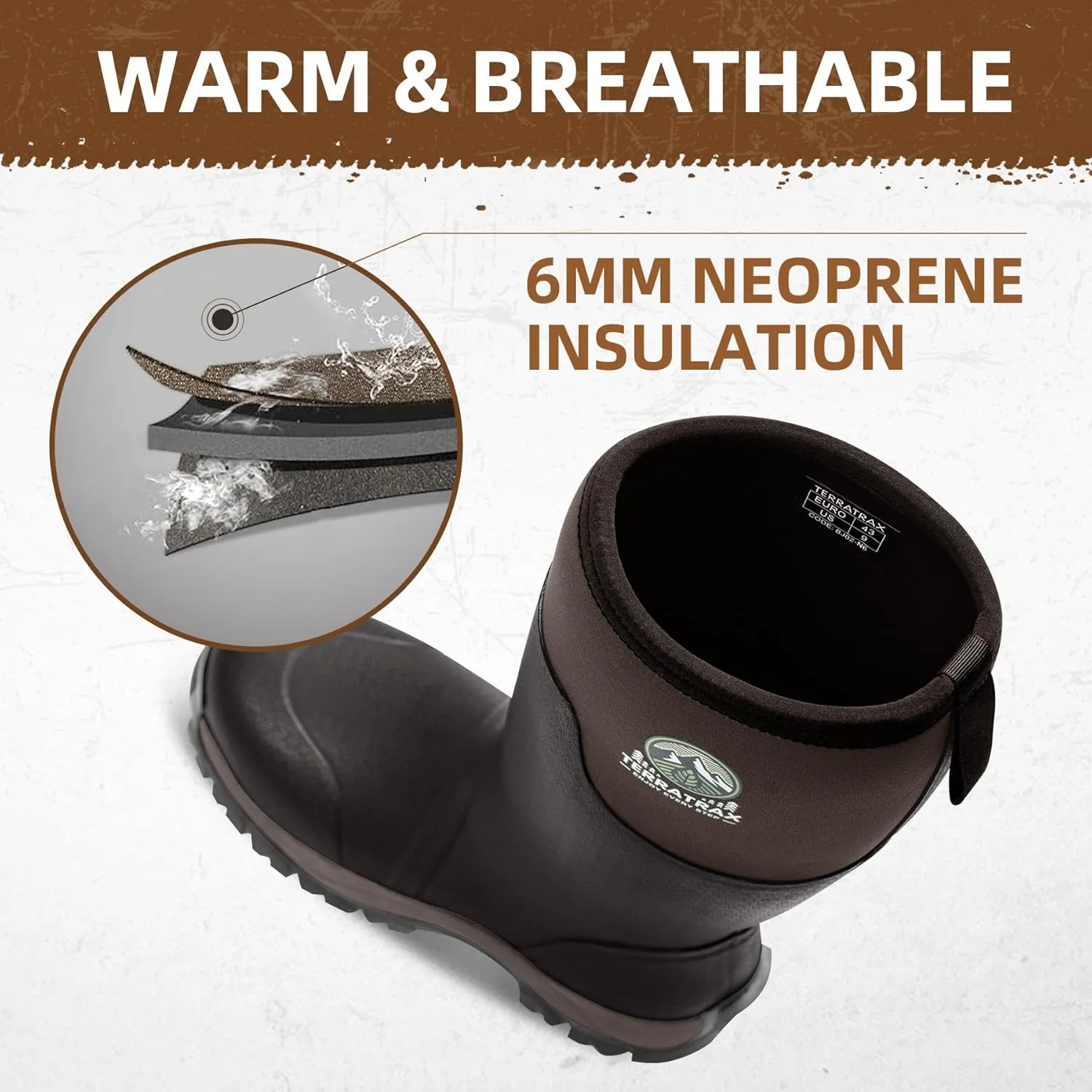 Men's Waterproof Insulated Rubber Hunting Boots  6mm Neoprene Rain Boots for Outdoor Work, Fishing, Farming & Gardening