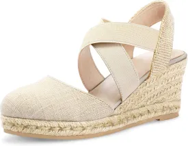 mysoft Women's Closed Toe Crisscross Elastic Ankle Strap Platform Espadrille Wedge Sandals