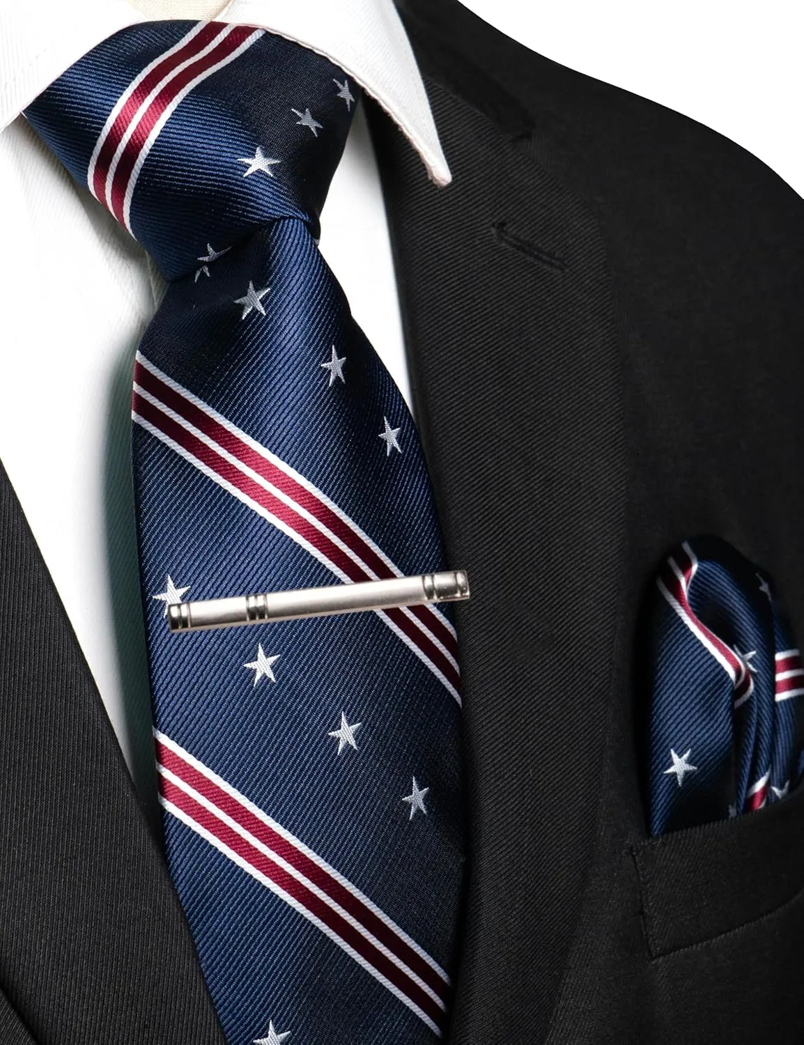 RBOCOTT Silk Stripe Plaid Tie and Pocket Square with Tie Clip Sets for Men
