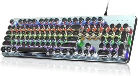 RisoPhy Typewriter Style Mechanical Gaming Keyboard, Metal Panel, Retro Punk Round Keycaps, Clicky Blue Switch, Rainbow LED Backlit, 104 Keys Wired Keyboard, Round Keycaps for PC Laptop Mac Gamer