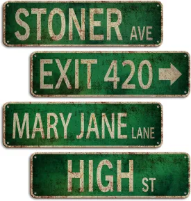 Stoner Avenue Street Sign 4 Signs of Exit 420 /High St/Mary Jane Lane/Stoner Ave for Room Decor, Duplex Printed Trippy Room Decor for Stoner, Vintage Rustic Retro Garage Decor Sign