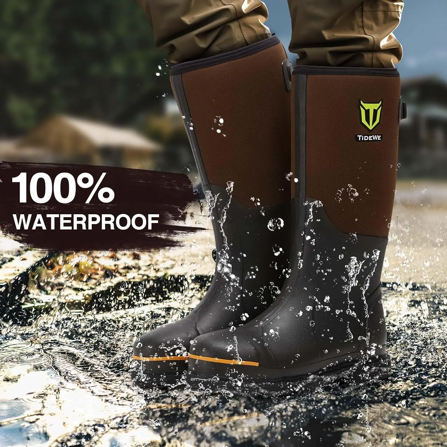 TIDEWE Rubber Work Boot for Men with Steel Toe & Shank, Waterproof Anti Slip Hunting Boot, 6mm Neoprene Hunting Boot for Manufacturing, Construction, Farming, Black,Brown, Size 7-13