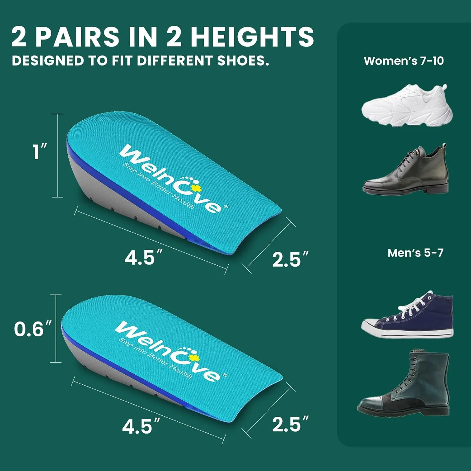Welnove Shoe Inserts Gel Heel Cushion Cup for Achilles Tendonitis, Plantar Fasciitis, Heel Pain, Heel Spur, 0.6" 1" Heel Lift Support for Women 7-10 & Men 5-7(2 Pairs)