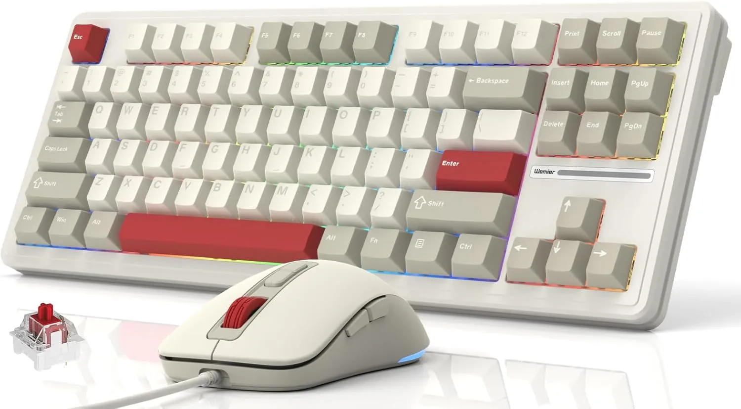 Womier M87 75% Retro TKL Mechanical Gaming Keyboard and Mouse, 87 Keys USB C Wired Computer Keyboard & Mouse Combos, Hot Swappable Red Mechanical Switch/NKRO/Gasket/RGB Backlit, Retro Gray