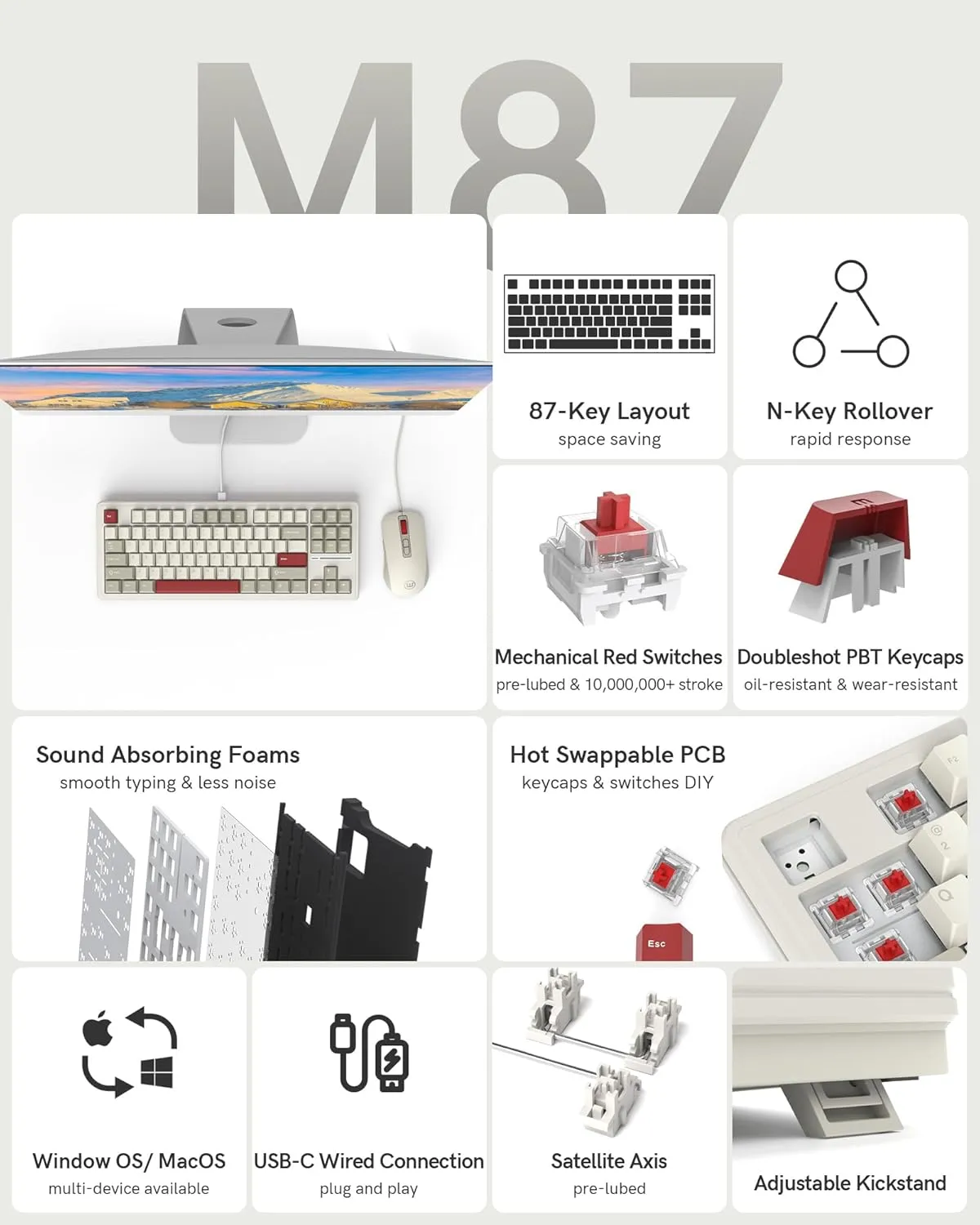 Womier M87 75% Retro TKL Mechanical Gaming Keyboard and Mouse, 87 Keys USB C Wired Computer Keyboard & Mouse Combos, Hot Swappable Red Mechanical Switch/NKRO/Gasket/RGB Backlit, Retro Gray